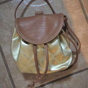 Mundi Gold Quilted with Brown Leather  Cinch Bag with Tan Leather Trim 7x8"